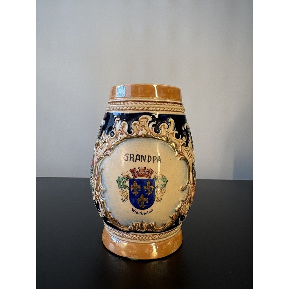 German Beer Stein GRANDPA Wiesbaden Crest Relief Mug Cobalt Souvenir 6.25 Inch